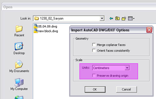 SketchUP import settings dialog