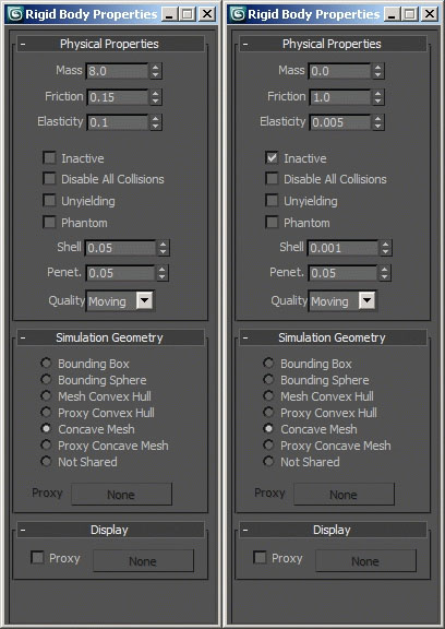 Reactor log (left) & plane (right) settings