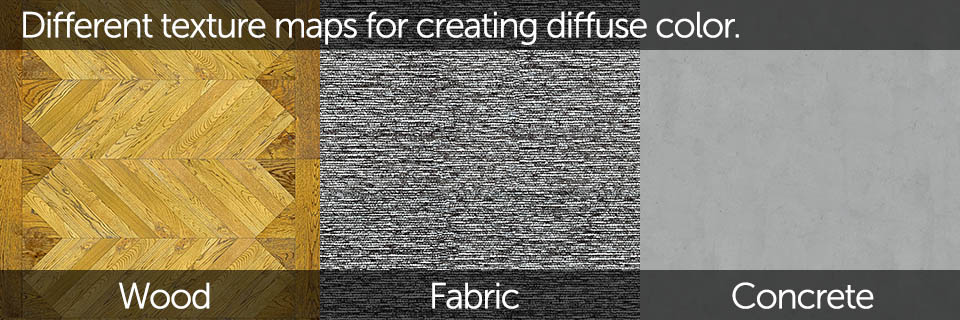 Diffuse color can be also defined by using image textures for more complex surfaces like wood, marble, fabric etc.