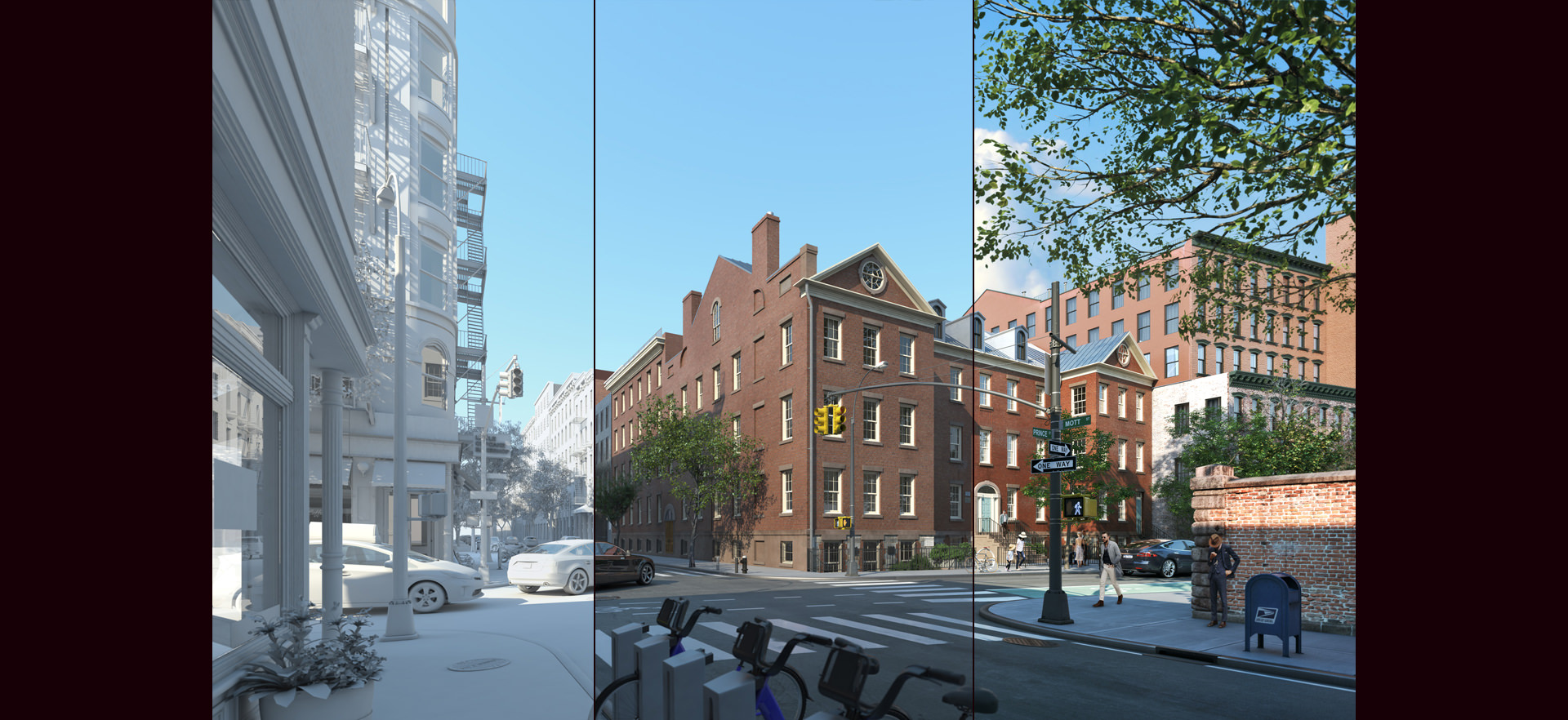 34 Prince St. / 2020 Full Image Progression (left to right: Geometry, Raw Render, Final)