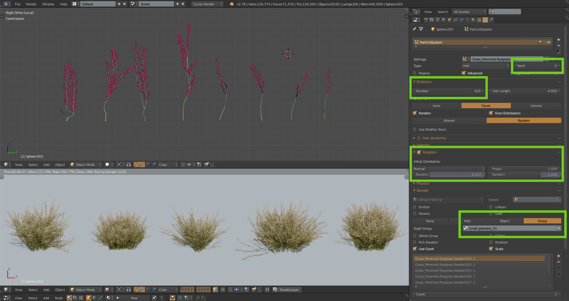 Particle settings for bush