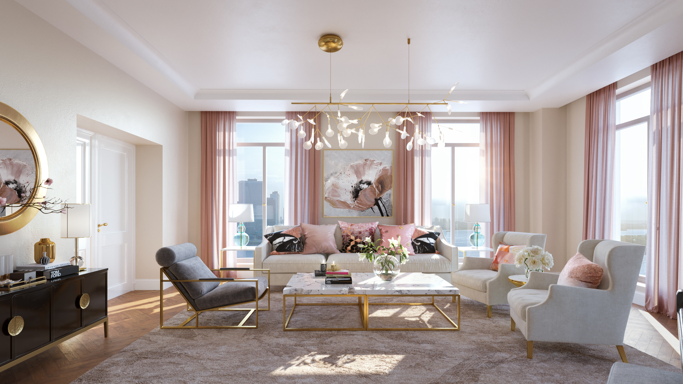 Rose gold living room - Ronen Bekerman - 3D Architectural Visualization