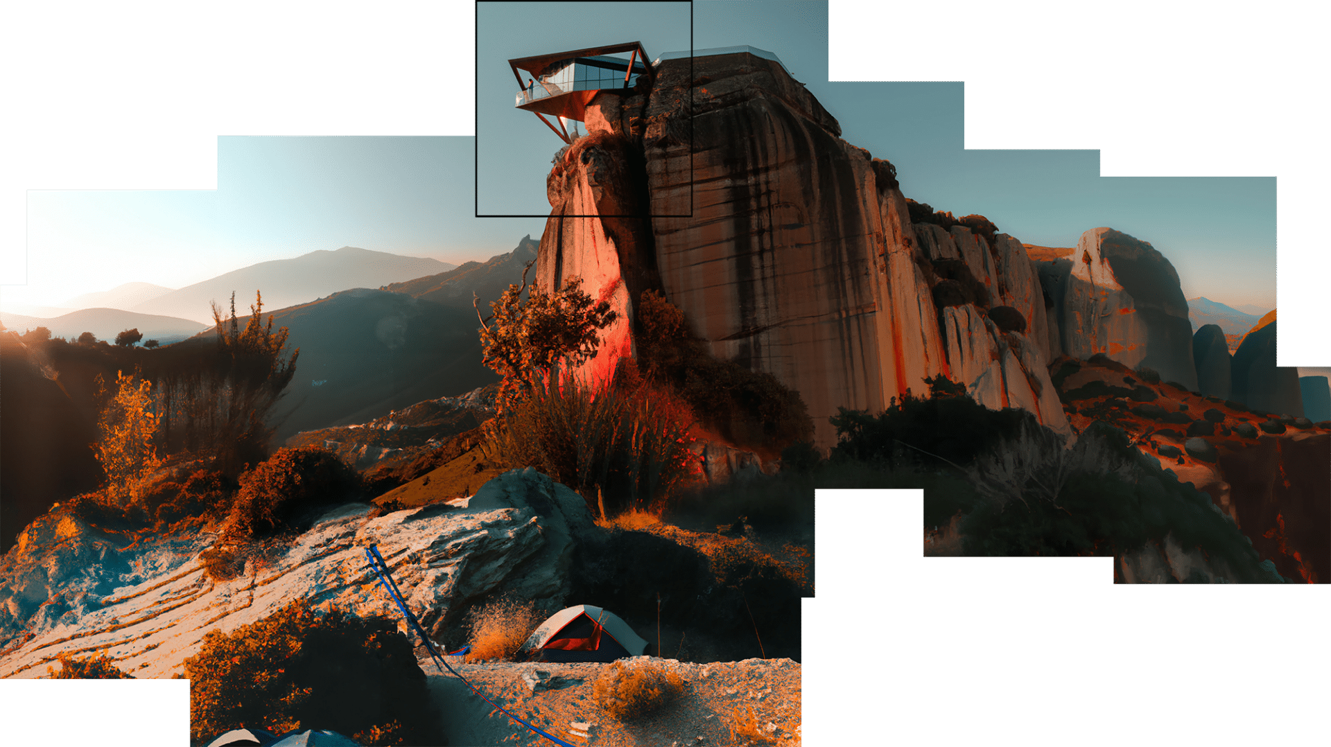 RONEN + DALL-E - Sebuah foto dari kejauhan sebuah kabin berbentuk segitiga yang terbuat dari baja Corten dan kaca yang tergantung di tepi tebing tinggi di Meteora Yunani saat matahari senja jam emas