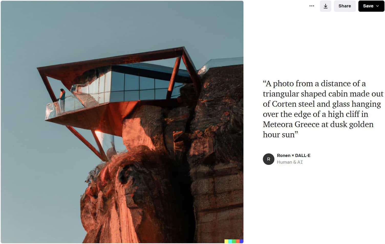RONEN + DALL-E - Sebuah foto dari kejauhan sebuah kabin berbentuk segitiga yang terbuat dari baja Corten dan kaca yang tergantung di tepi tebing tinggi di Meteora Yunani saat matahari senja jam emas